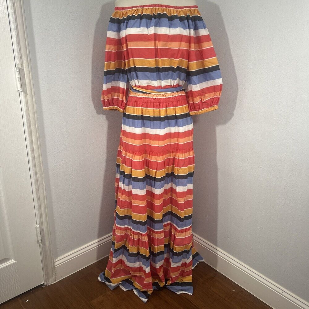 Boston Proper Dress Womens Medium Belted Stripped Off Shoulder Maxi